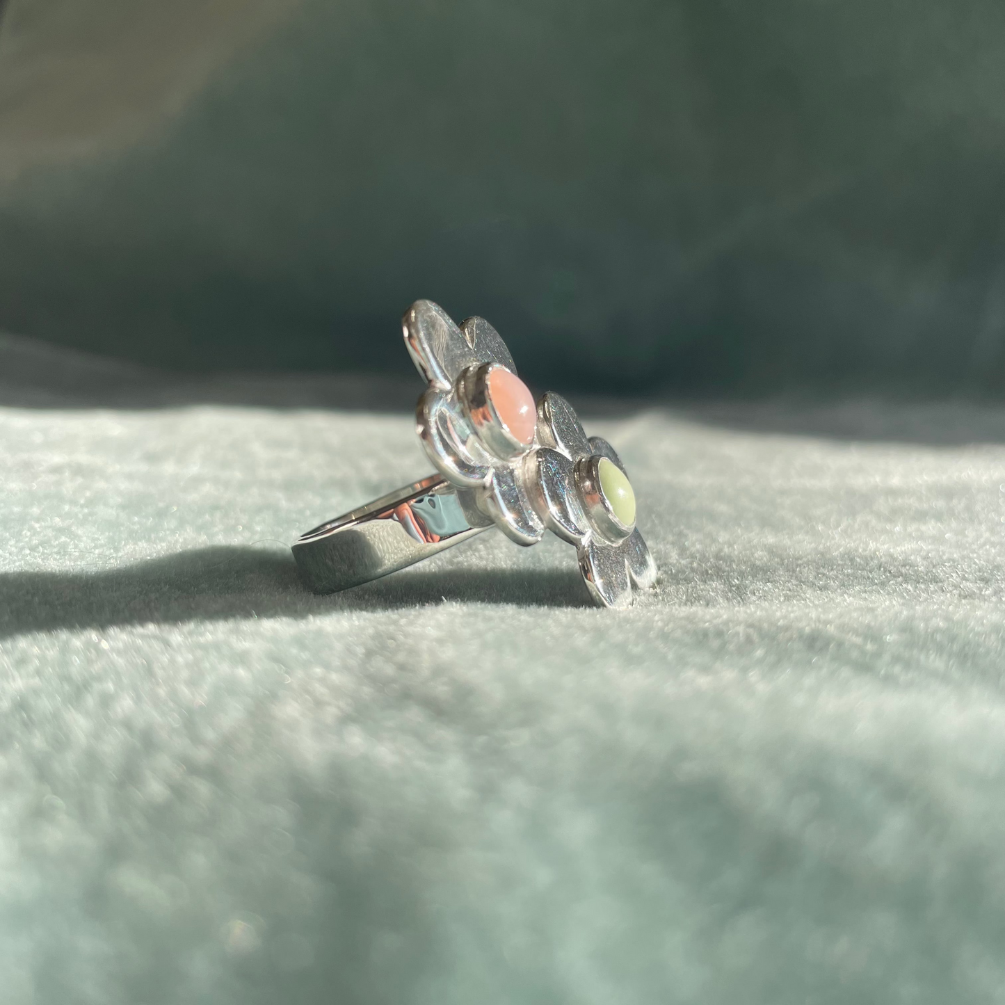 Double Daisy Ring- pink opal and lemon jasper