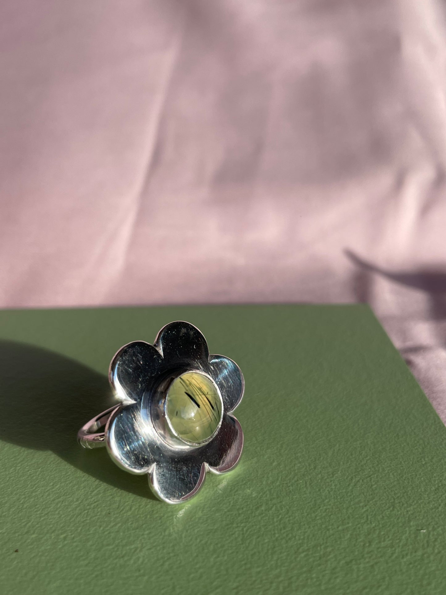 Daisy Ring- Medium 6 Petal Tourmalated Prehnite