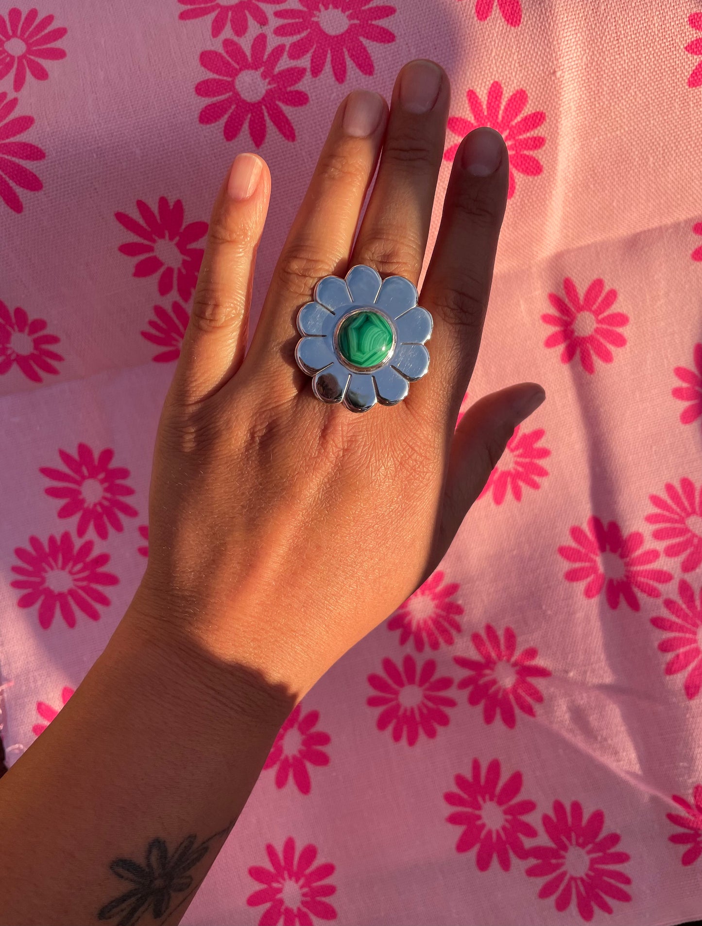 Chunky Daisy Ring with Malachite