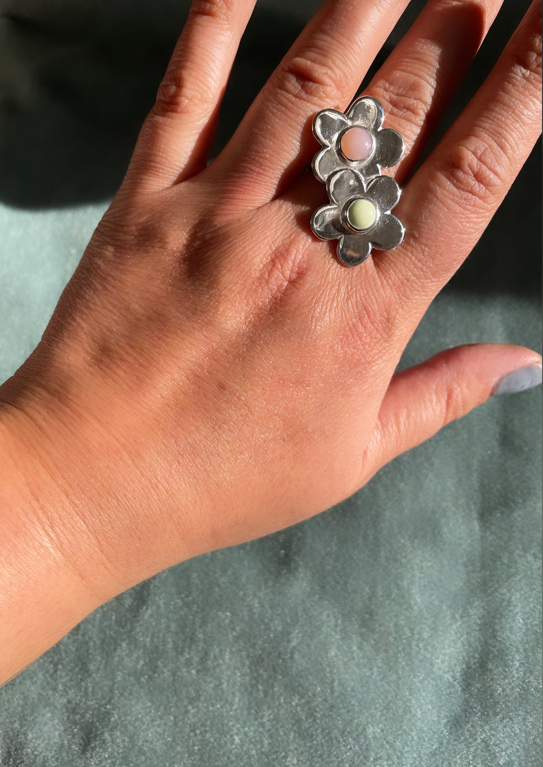 Double Daisy Ring- pink opal and lemon jasper