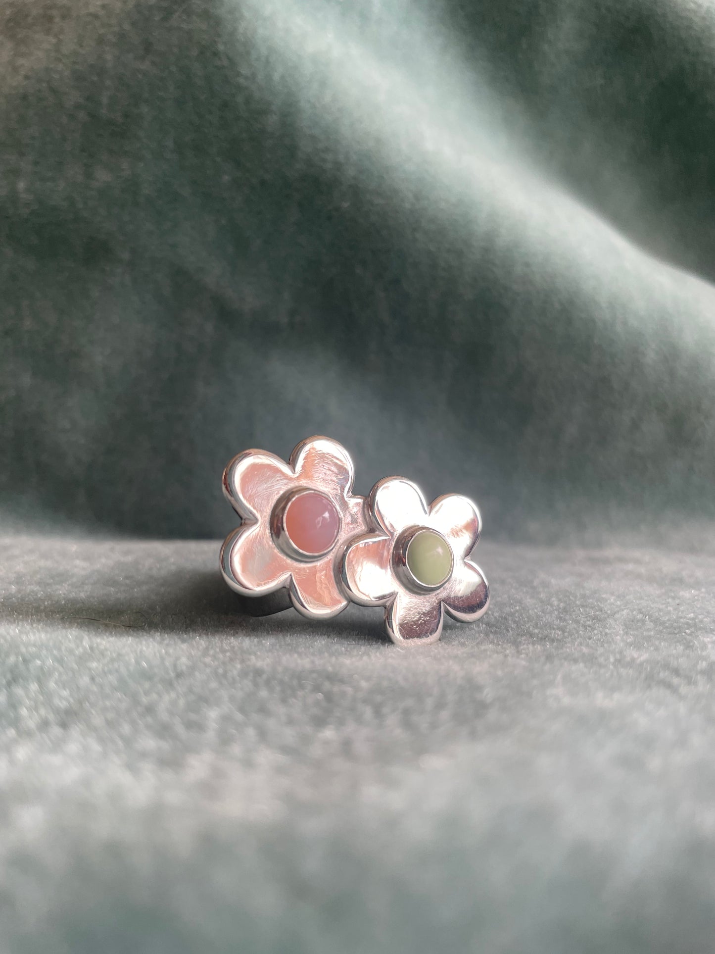 Double Daisy Ring- pink opal and lemon jasper