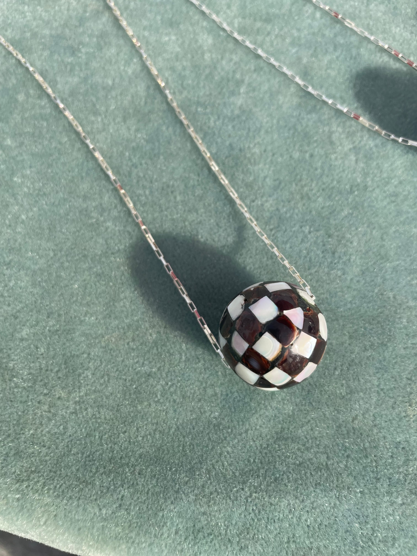 Checkered Inlaid Shell Necklace on Sterling Silver chain