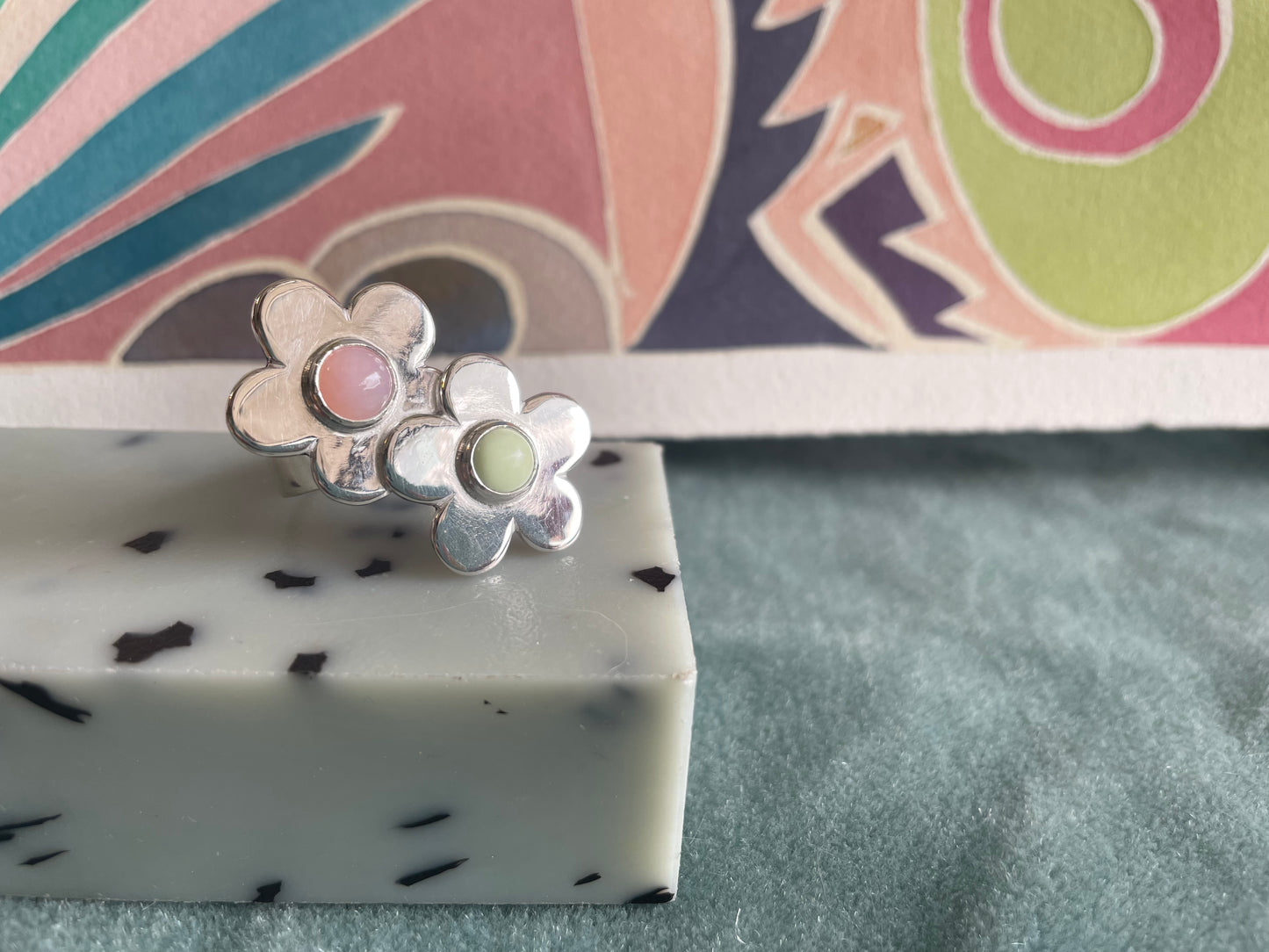 Double Daisy Ring- pink opal and lemon jasper